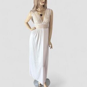 Vintage 80s White Lace Bridal Nightgown | Deep V Neck Romantic Sheer Lingerie S
